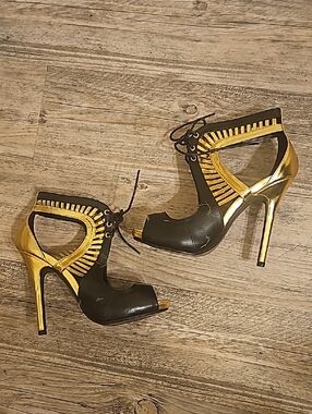 Athena Black and Gold Lace-Up Cutout Peep-Toe Heels